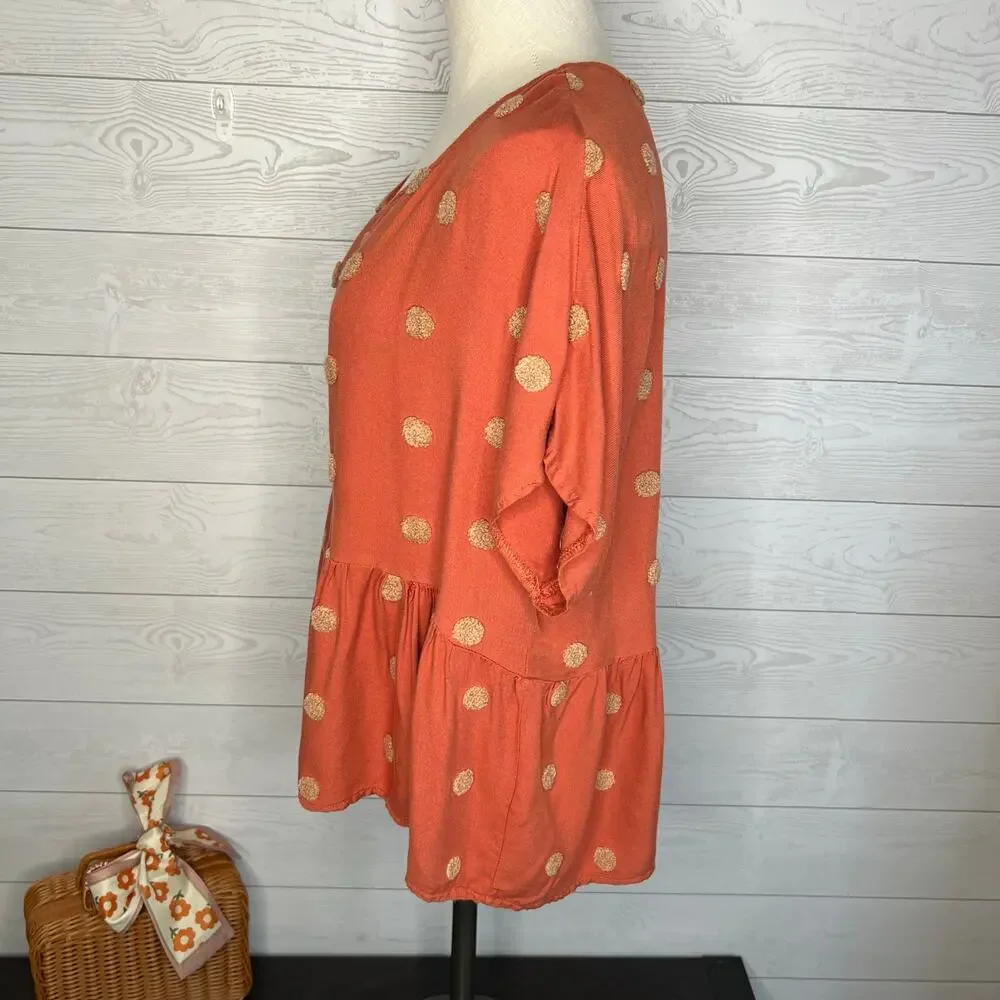 Blu Pepper polka dot burnt orange babydoll top Size large - Picture 3 of 8